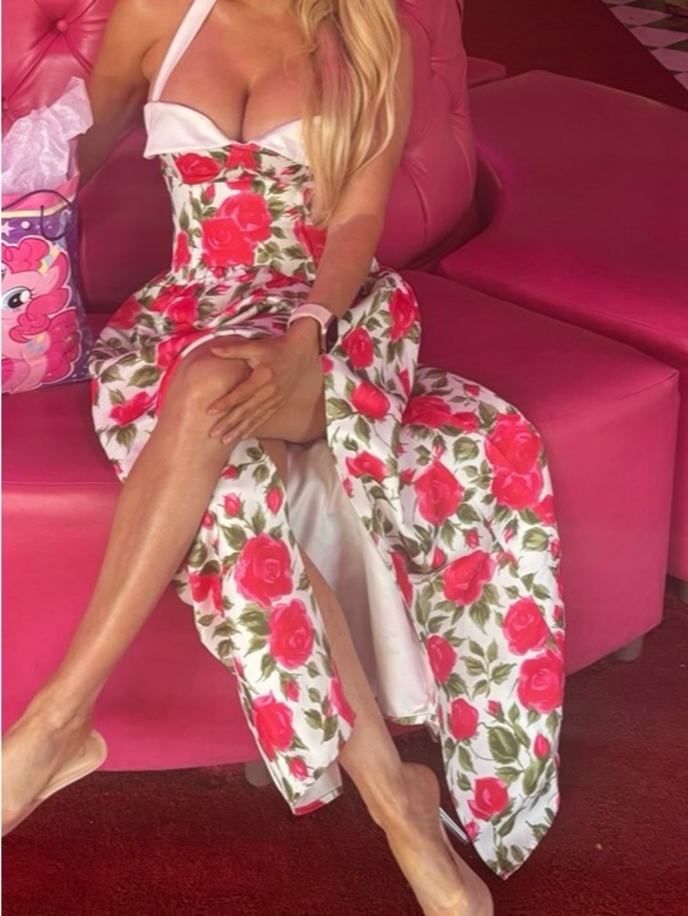 Floral Rose Halter Maxi Dress White Pink red wedding high slit satin small